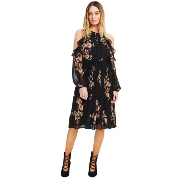 ASTR The Label Black Persephone Floral print Cold Shoulder Midi Dress Size XS - Picture 2 of 12